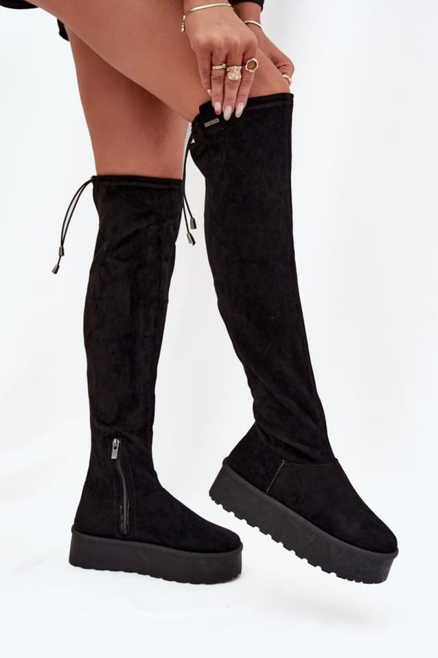 Love Lace Love Lace Women's Fleece Lined Faux Suede Platform Thigh High Boots Zipper Closure in Black - 3