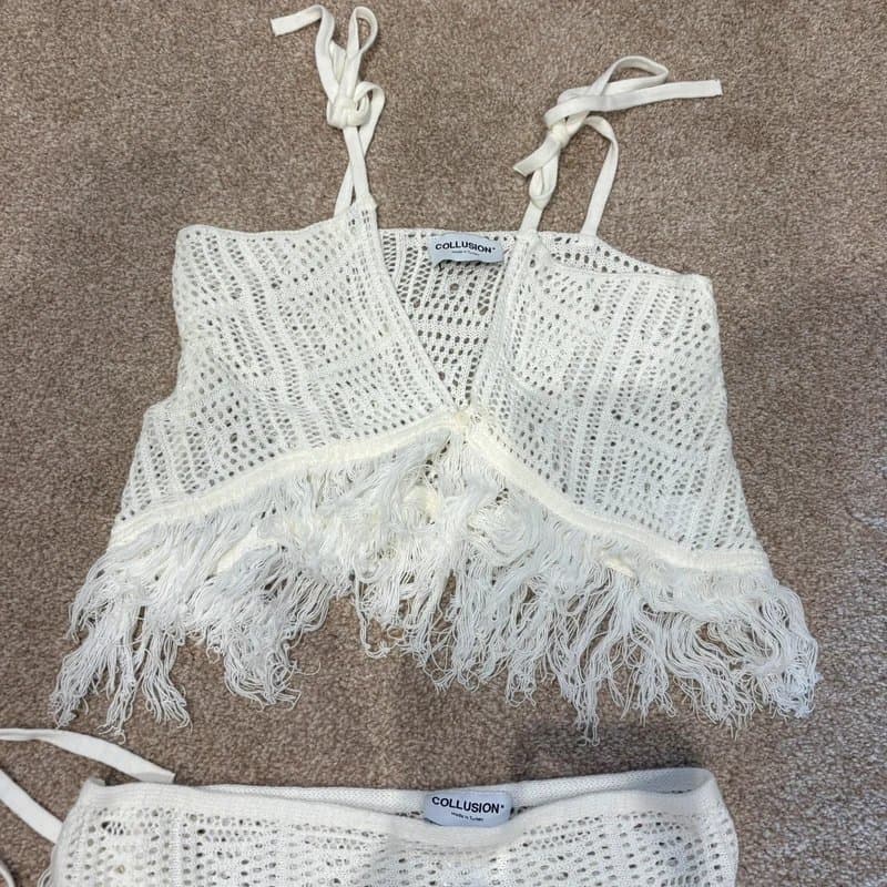 Collusion Collusion Crochet Tassel Bralette Top and Skirt Co Ord Size S