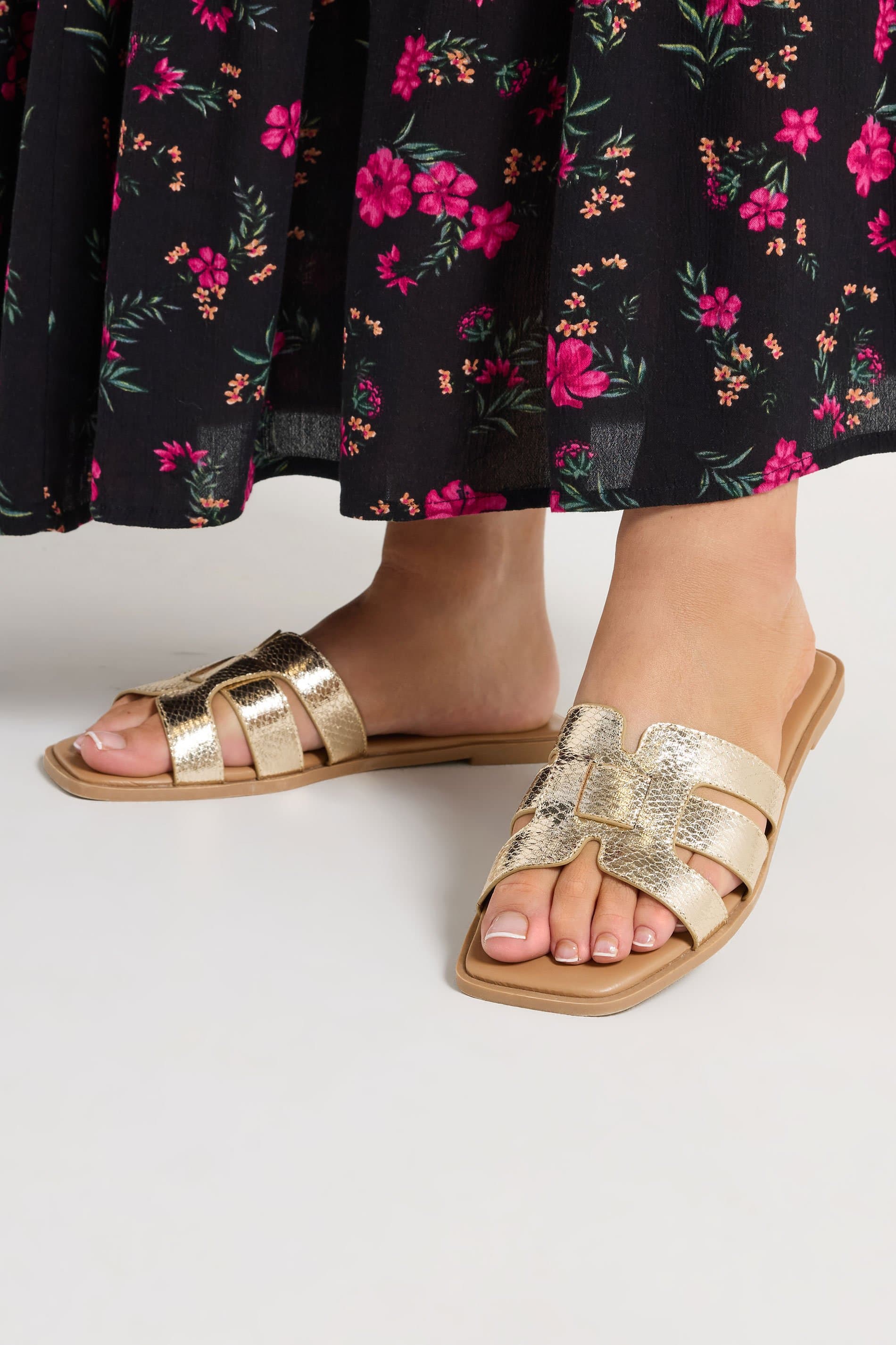Yours Gold Cut Out Mule Sandals In Wide E Fit & Extra Wide Eee Fit
