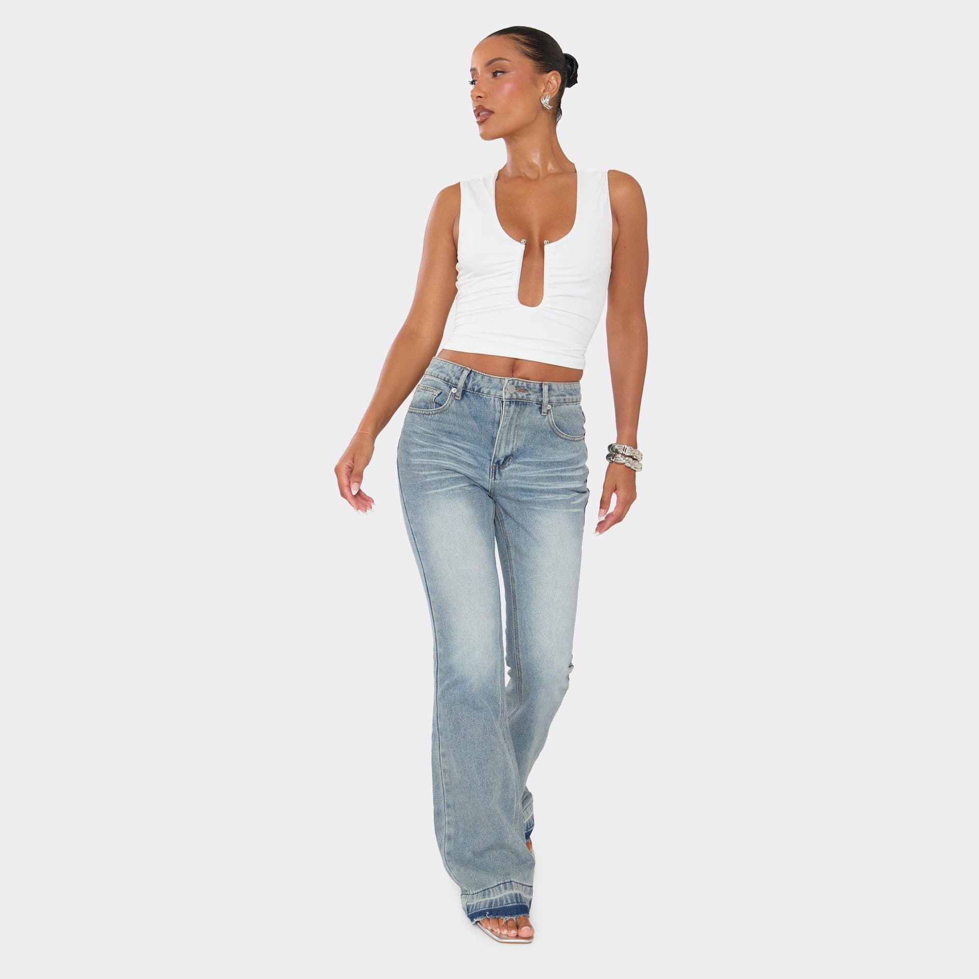 EGO Frayed Hem Flared Leg Jeans In Blue Denim, Women's Size UK 10