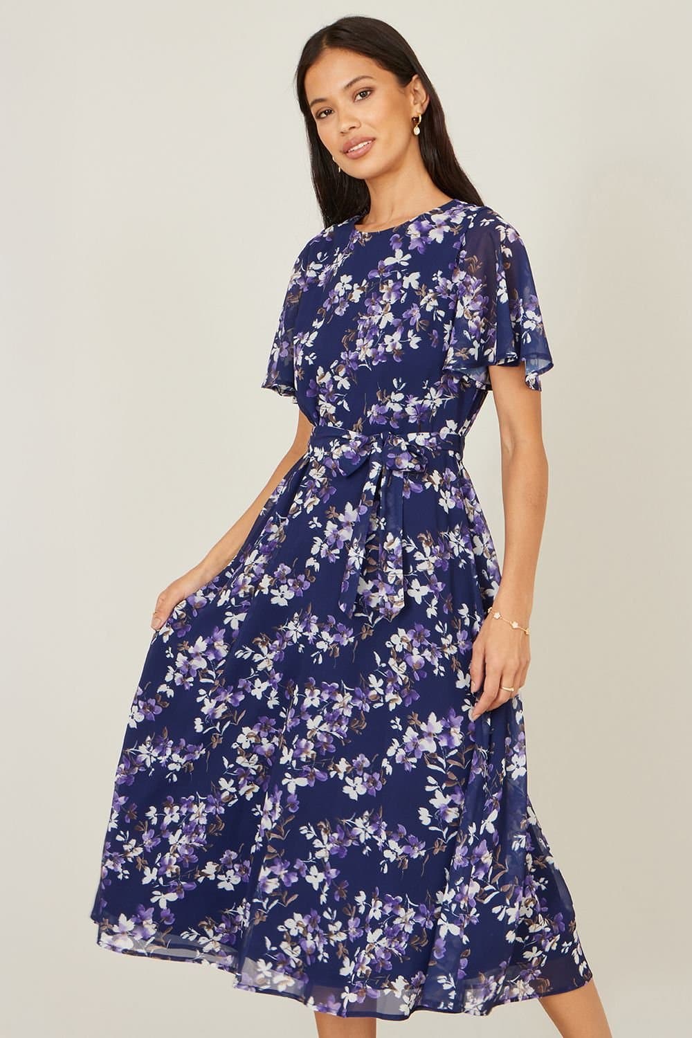 Yumi Yumi Women's Blossom Print Midi Skater Dress With Angel Sleeves in Navy