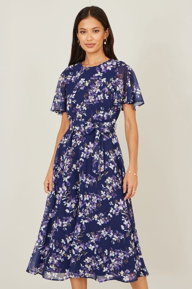 Yumi Yumi Women's Blossom Print Midi Skater Dress With Angel Sleeves in Navy - 2