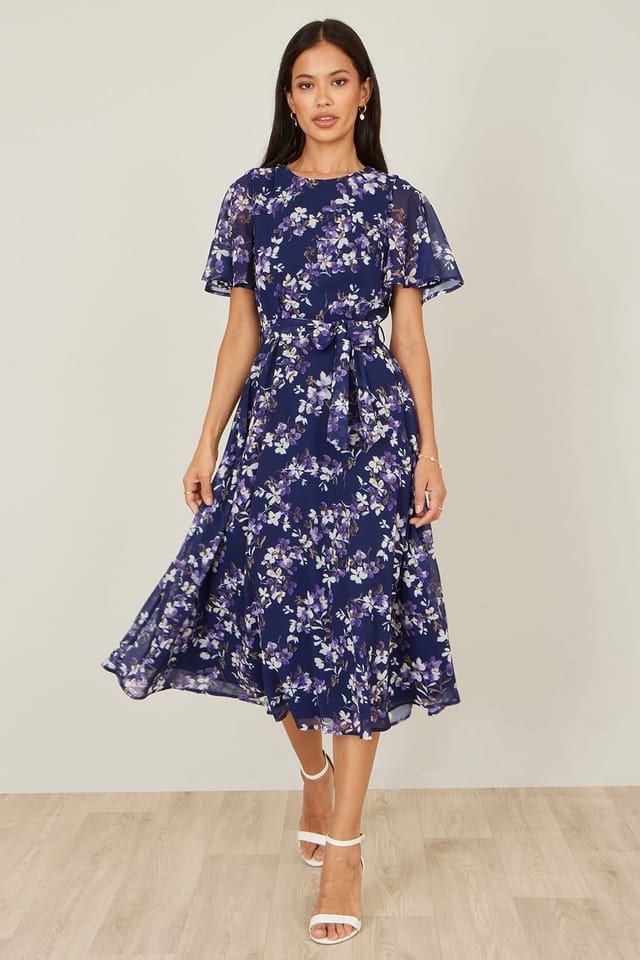 Yumi Yumi Women's Blossom Print Midi Skater Dress With Angel Sleeves in Navy - 3