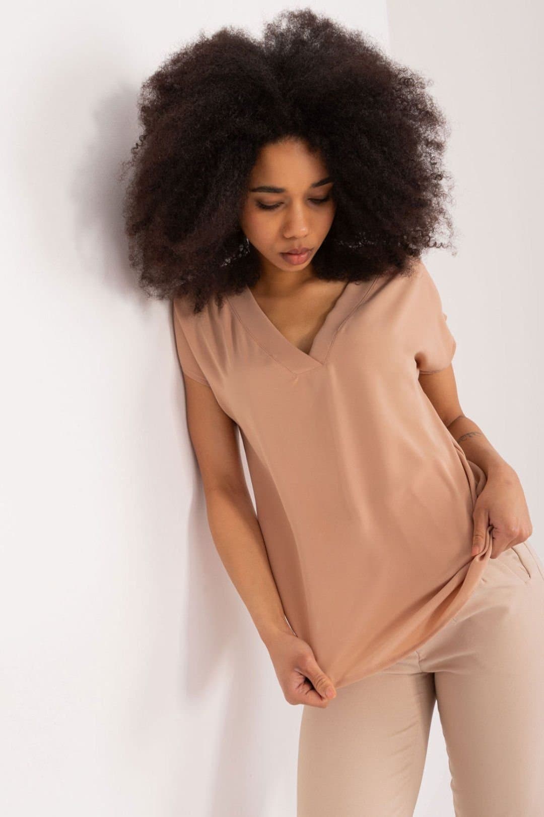 Love Lace Love Lace Women's Casual Polyester Blouse with Heart Neckline Style 194833 in Camel