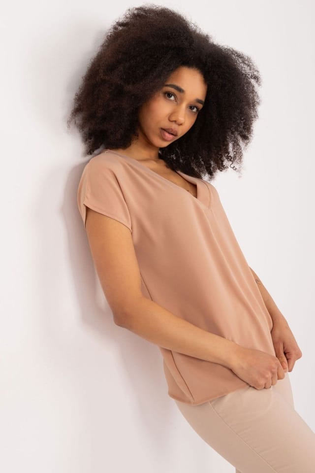 Love Lace Love Lace Women's Casual Polyester Blouse with Heart Neckline Style 194833 in Camel - 2