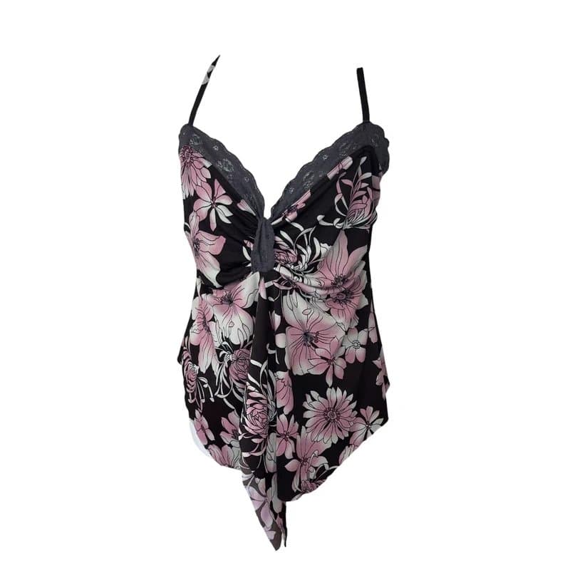 New Look Pink Y2K Floral Print Asymmetrical Dip Cami Top