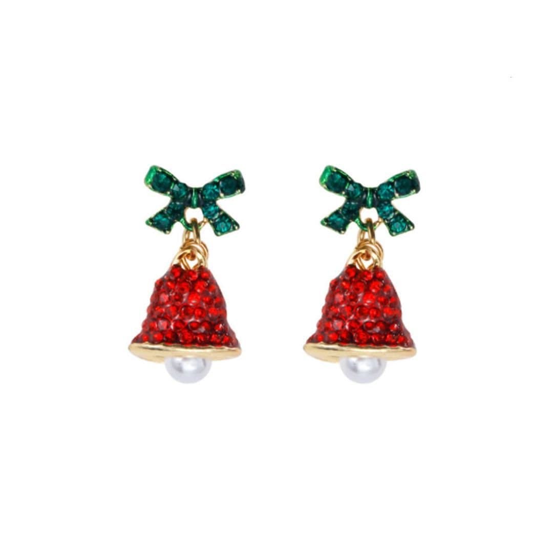 Lovii Lovii Gold Christmas Bell Earrings with Bow & Pearl Drop