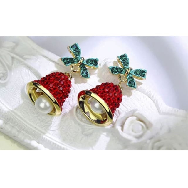 Lovii Lovii Women's Festive Christmas Bell Earrings with Bow & Pearl Drop in Gold - 3