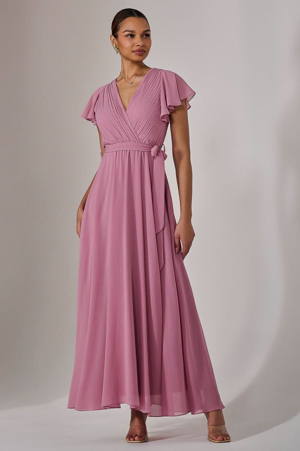 Jolie Moi Jolie Moi Women's Chiffon Flutter Sleeve Maxi Dress in Dusty Pink