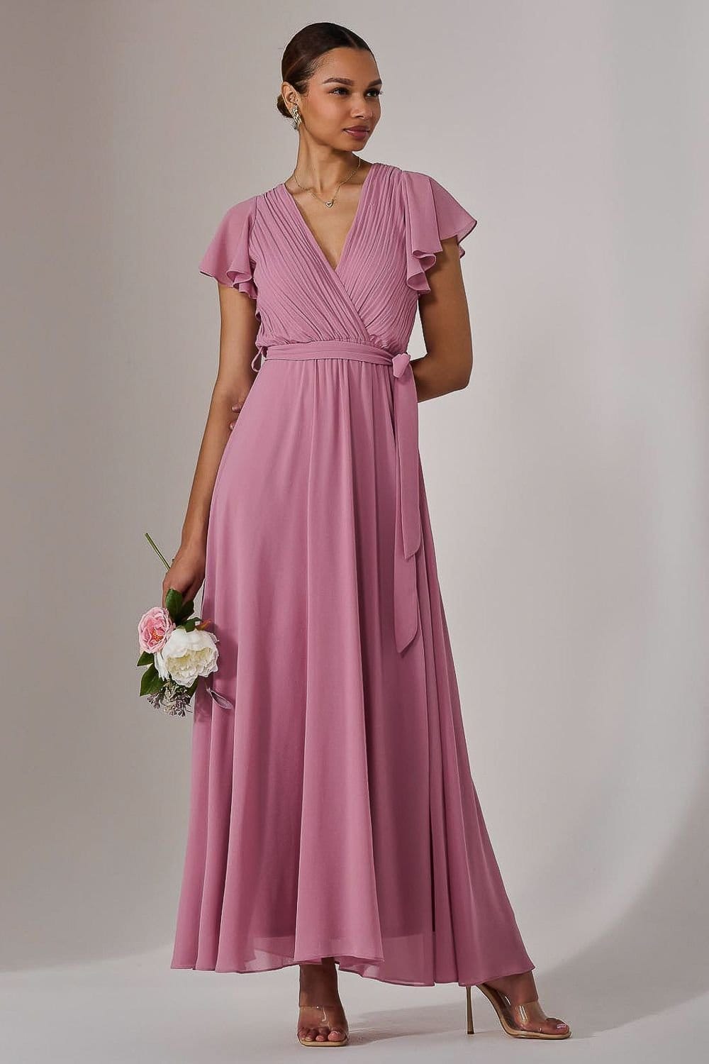 Jolie Moi Jolie Moi Women's Chiffon Flutter Sleeve Maxi Dress in Dusty Pink - 4