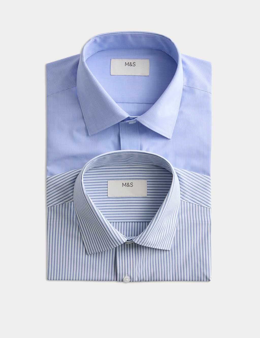 Marks & Spencer M&S 2 Pack Regular Fit Easy Iron Cotton Blend Shirts Blue Mix