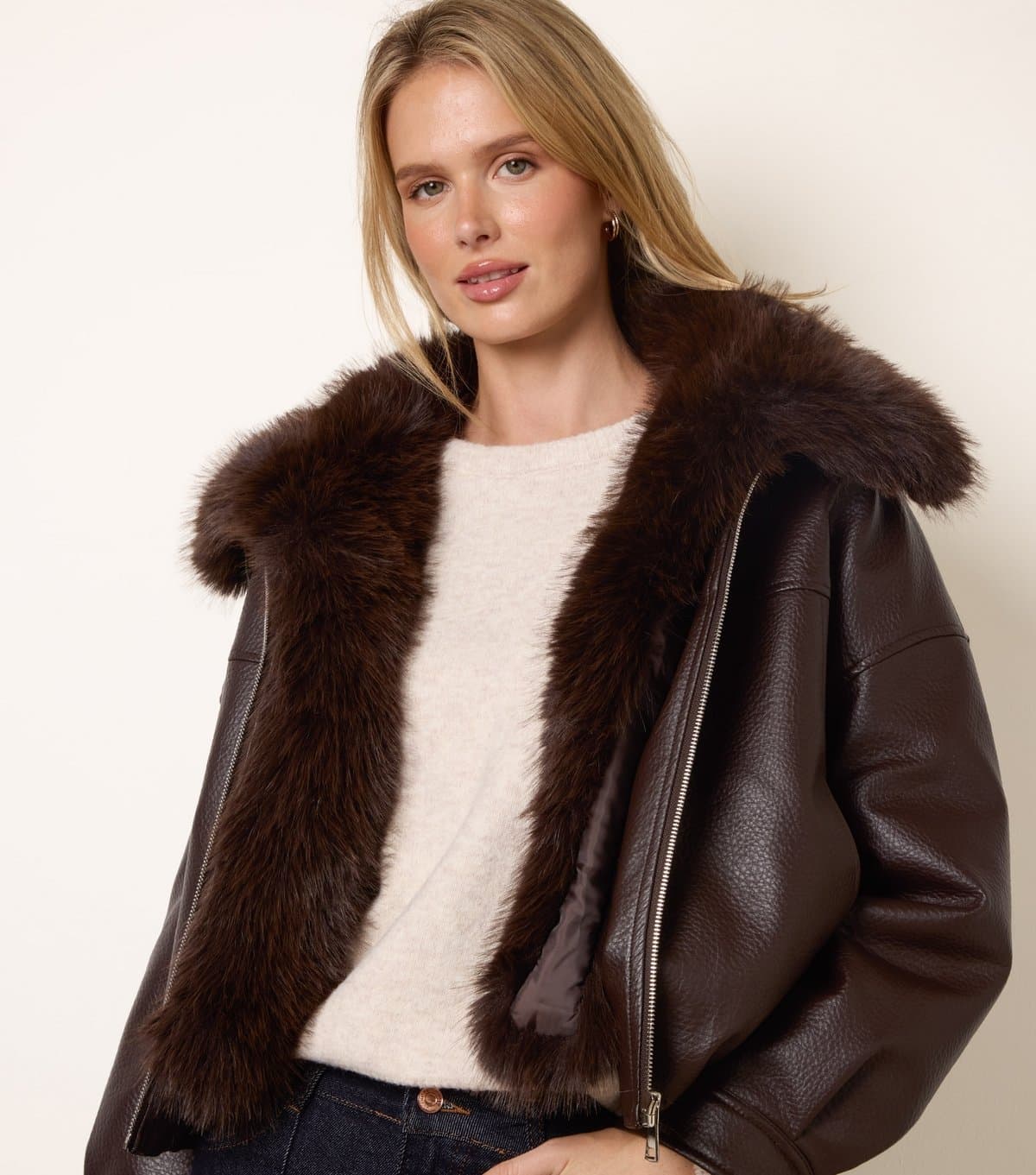 Blue Vanilla Women's Dark Brown Faux Leather Bomber Jacket Blue Vanilla New Look