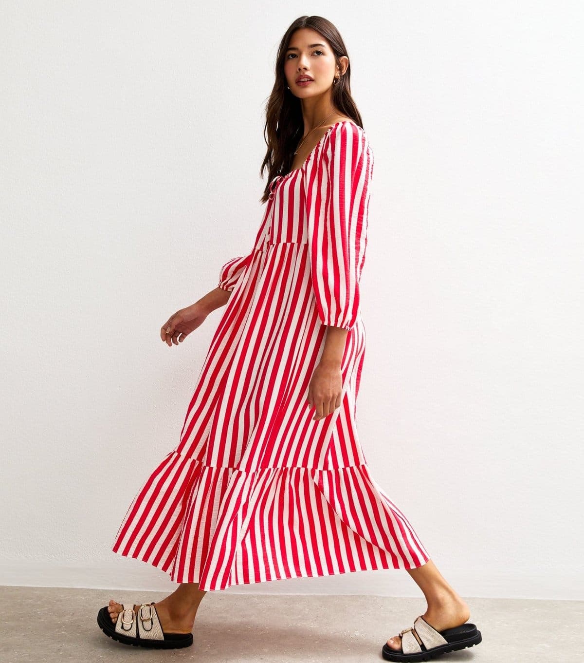 New Look Women's Red Stripe Print Tiered Hem Midi Dress New Look