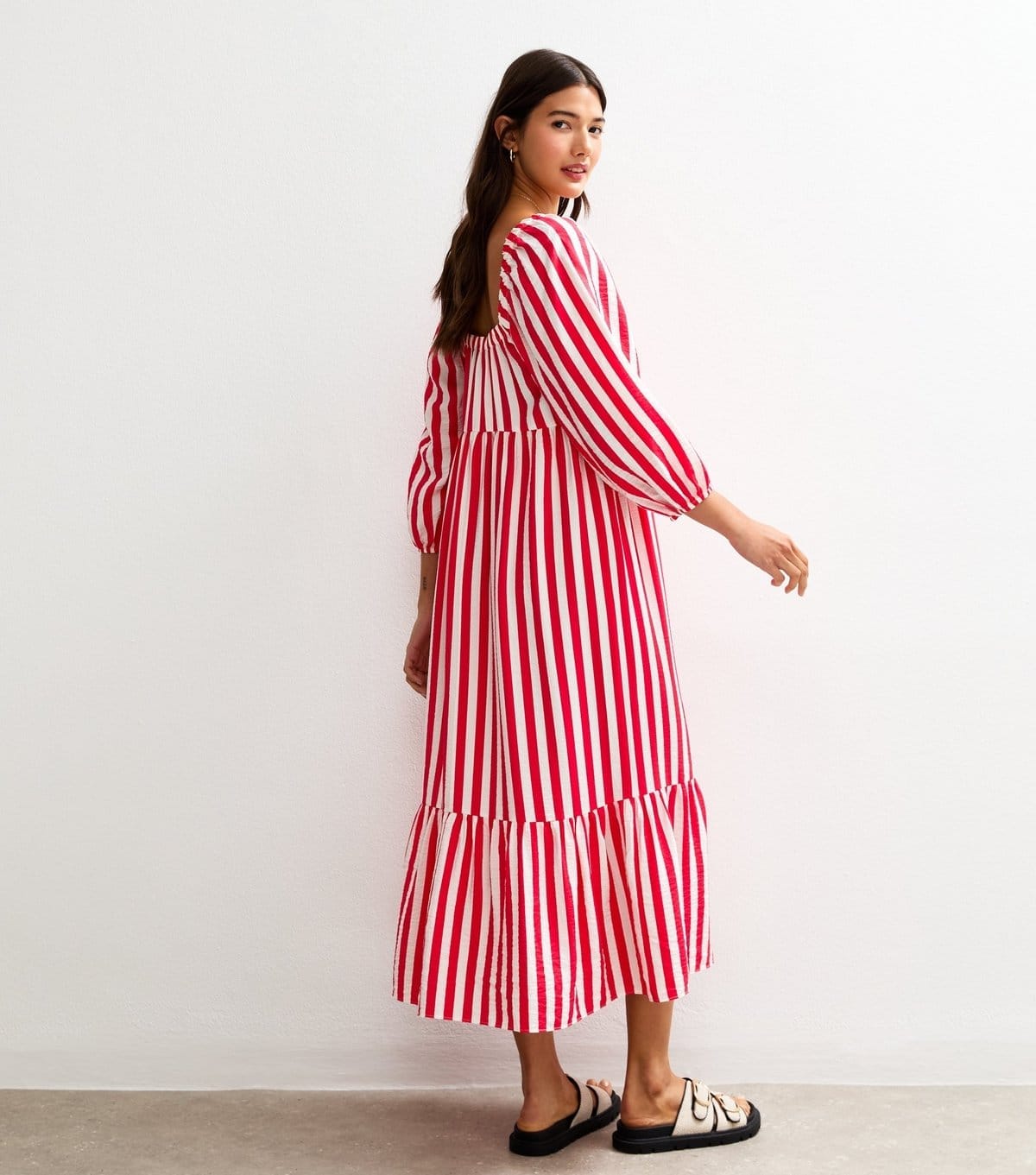 New Look Women's Red Stripe Print Tiered Hem Midi Dress New Look - 4