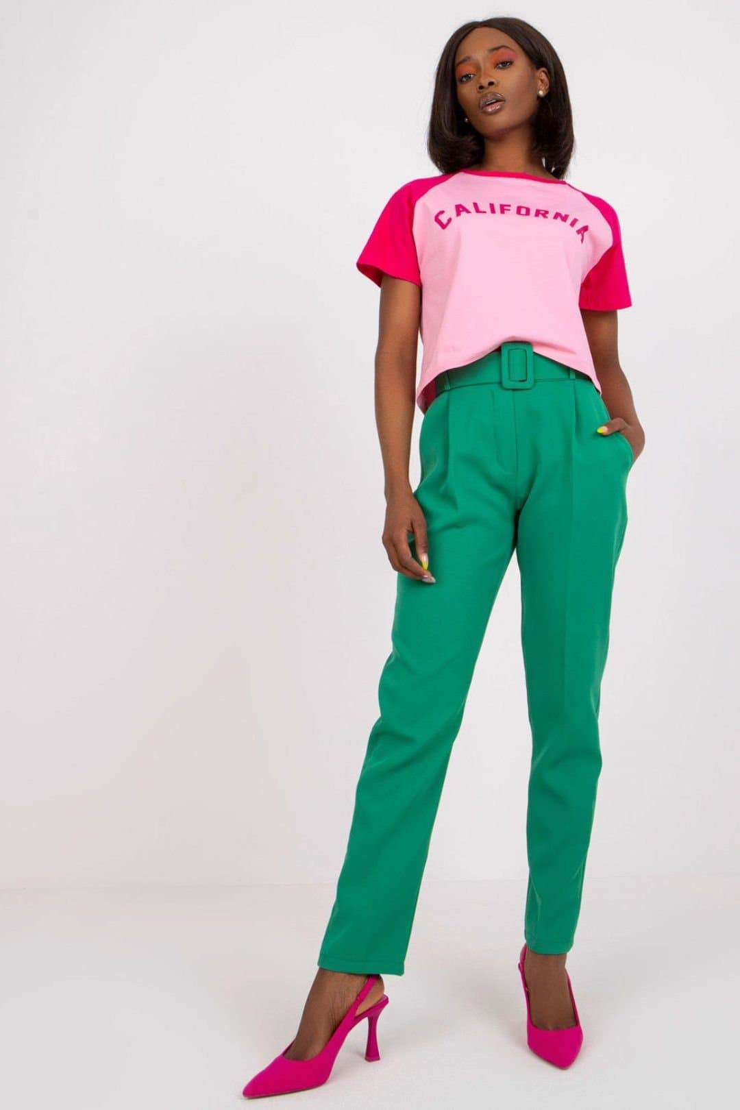 Love Lace Love Lace Women's High Waisted Zip Button Trousers with Belt in Green