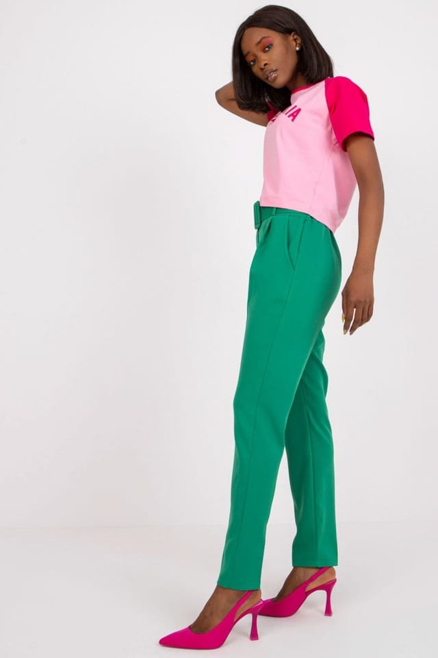 Love Lace Love Lace Women's High Waisted Zip Button Trousers with Belt in Green - 3