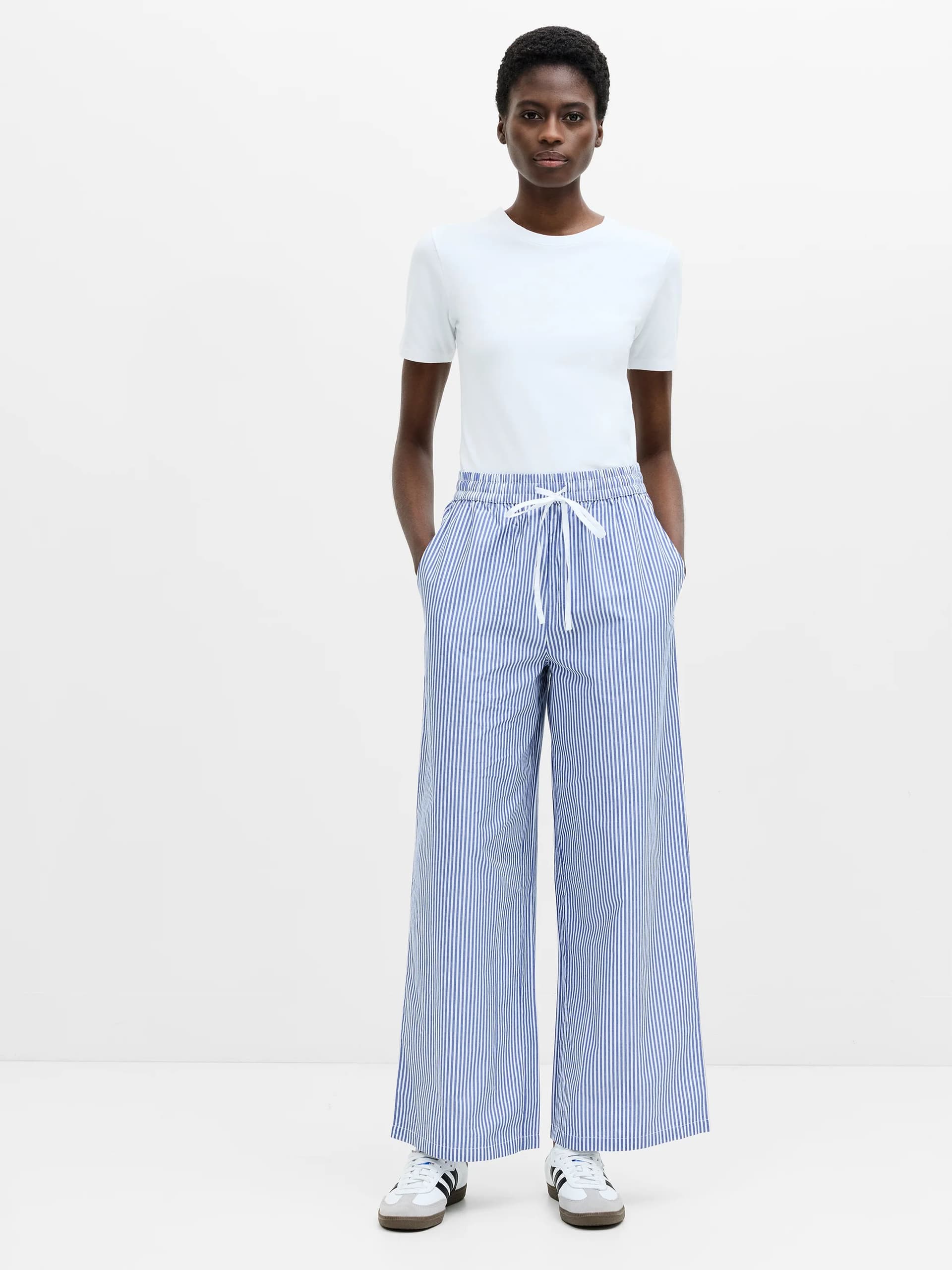 French Connection Striped Poplin Pull-On Palazzo Trousers Blue/White Stripes