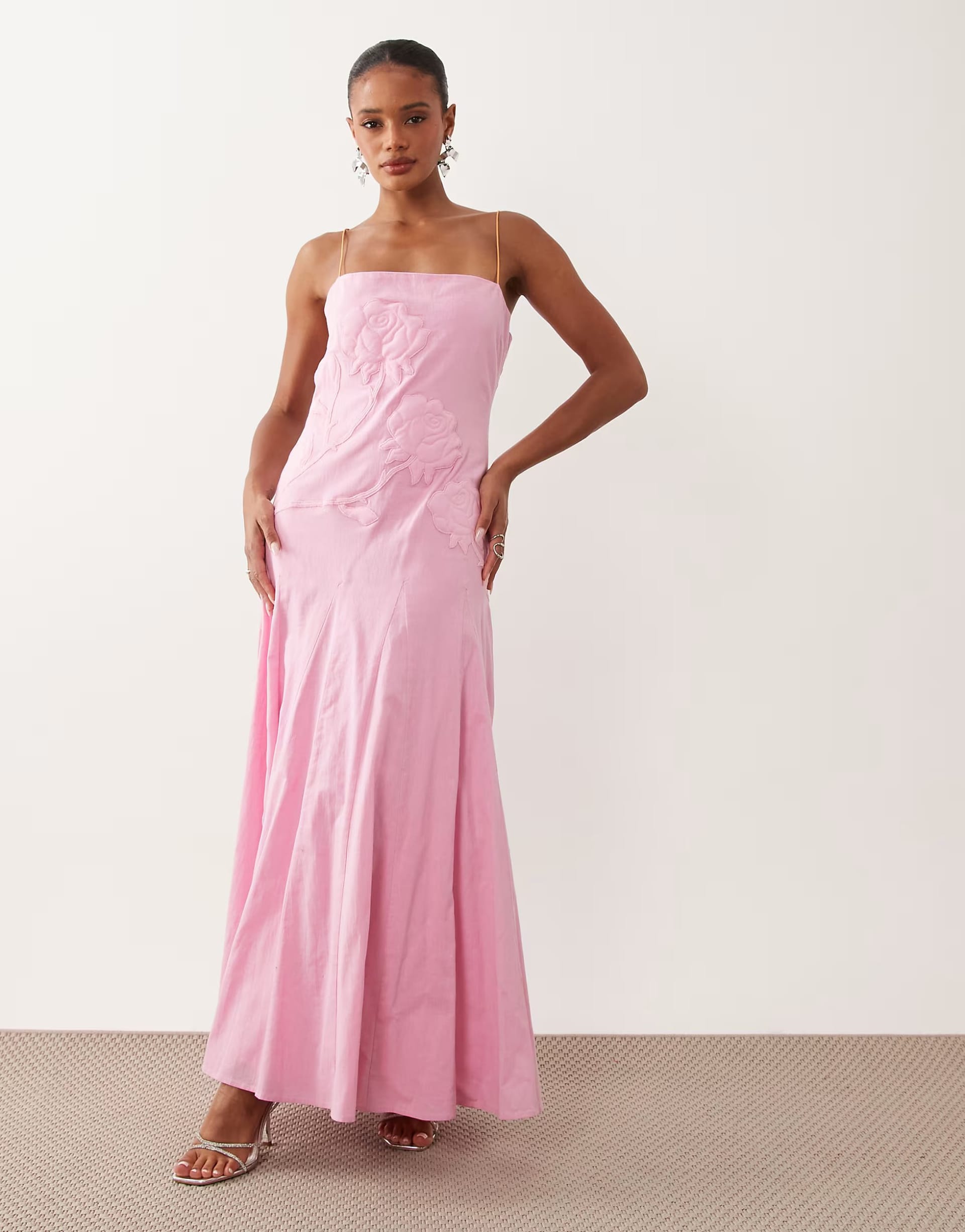 ASOS Pink Satin Cami Maxi Dress with Floral Applique