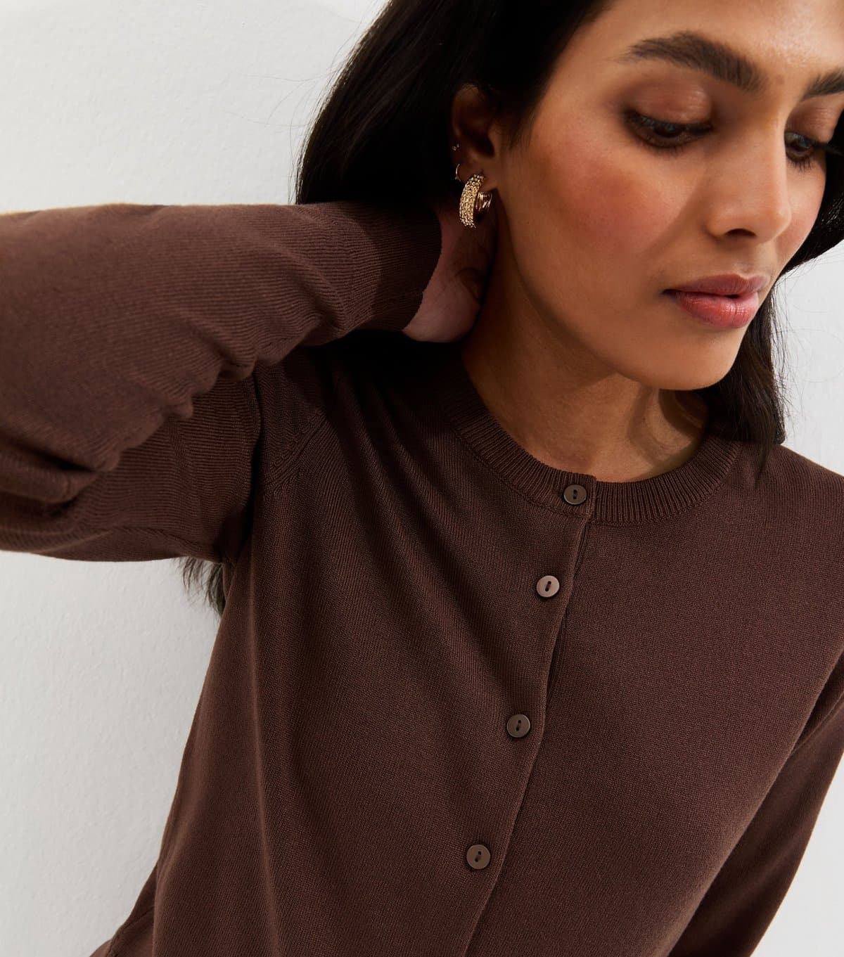 New Look Women's Brown Knit Crew Neck Button Up Cardigan New Look