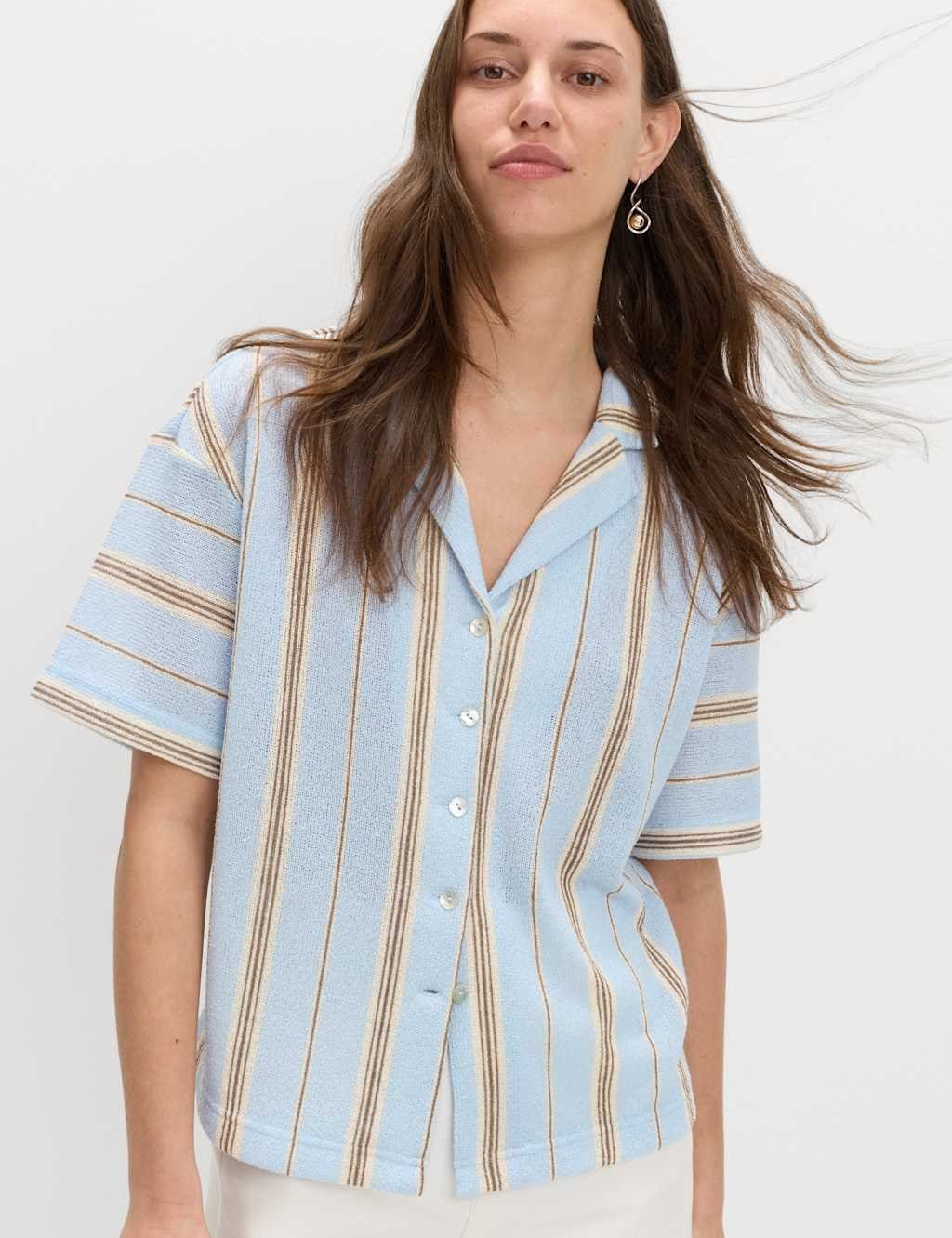 Marks & Spencer M&S Striped Textured Resort Shirt Blue Mix - 1