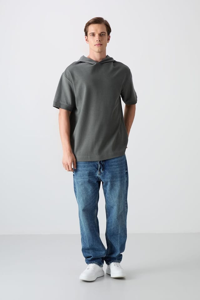 Tommy Life Tommy Life Men's Oversized Hooded Short-sleeve T-shirt in Charcoal - 2