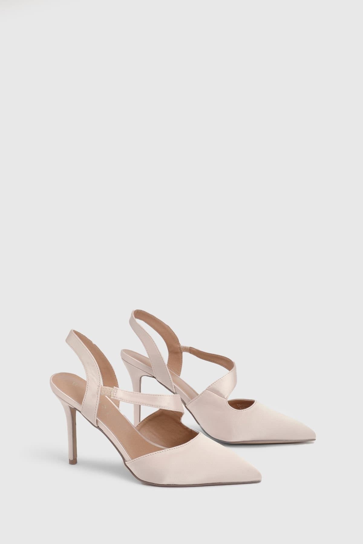 Wallis Wallis Women's Wide Fit Everly Satin Asymmetric Pointed Stiletto High Heel Courts in Champagne