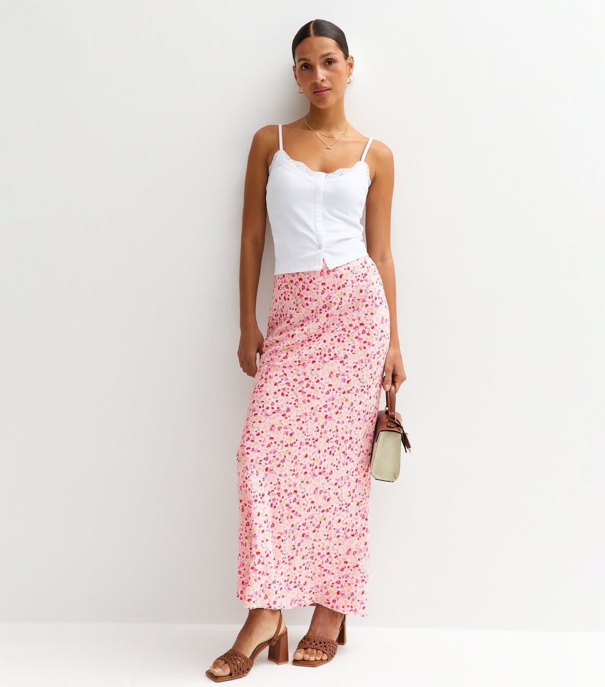 New Look Women's Pink Floral Fruit Print Midi Skirt New Look