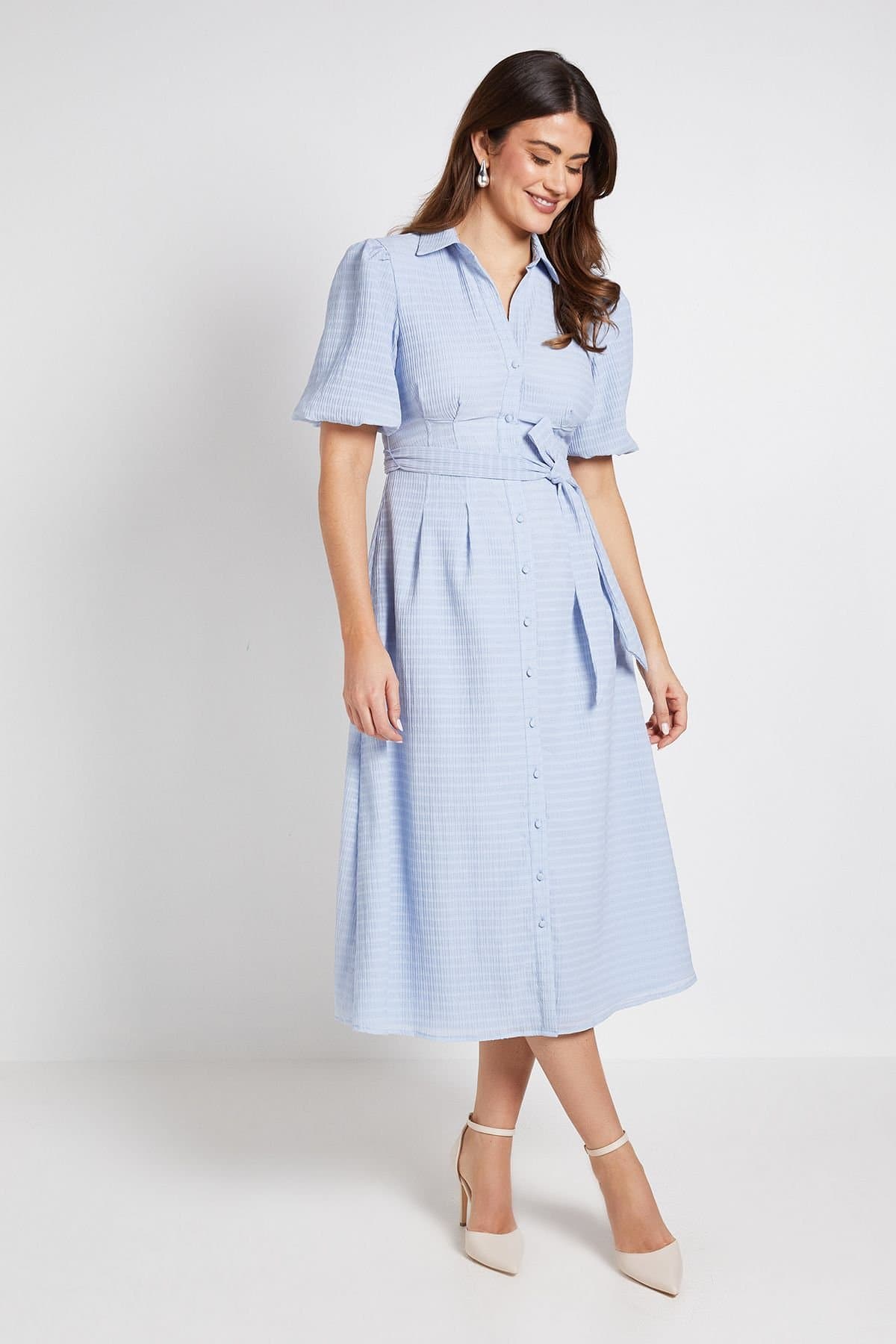 Wallis Wallis Women's Textured Organza Puff Sleeve Shirt Dress in Blue