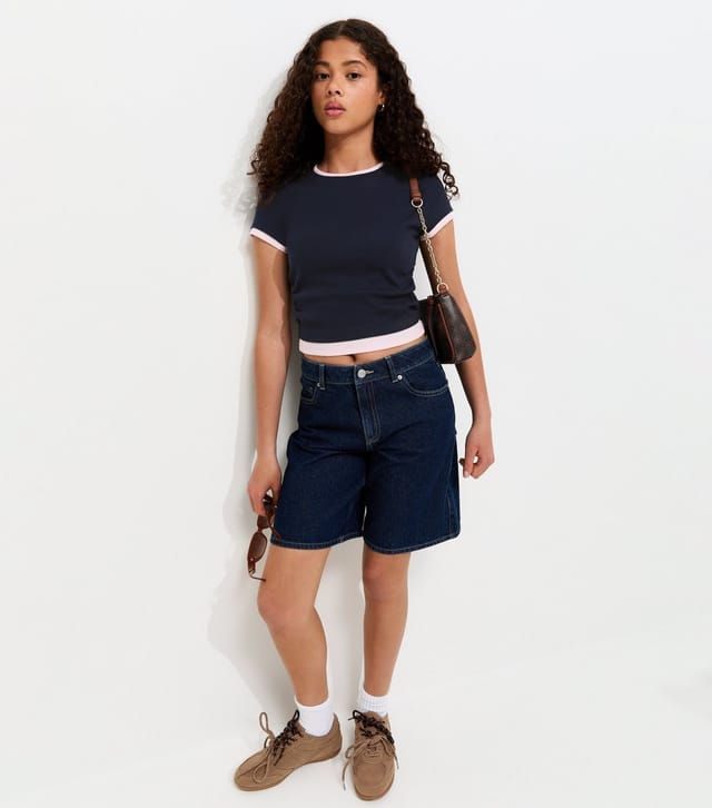 New Look Girls' Navy Cotton Rich 2 In 1 Ribbed Ruched Side T-Shirt New Look - 2