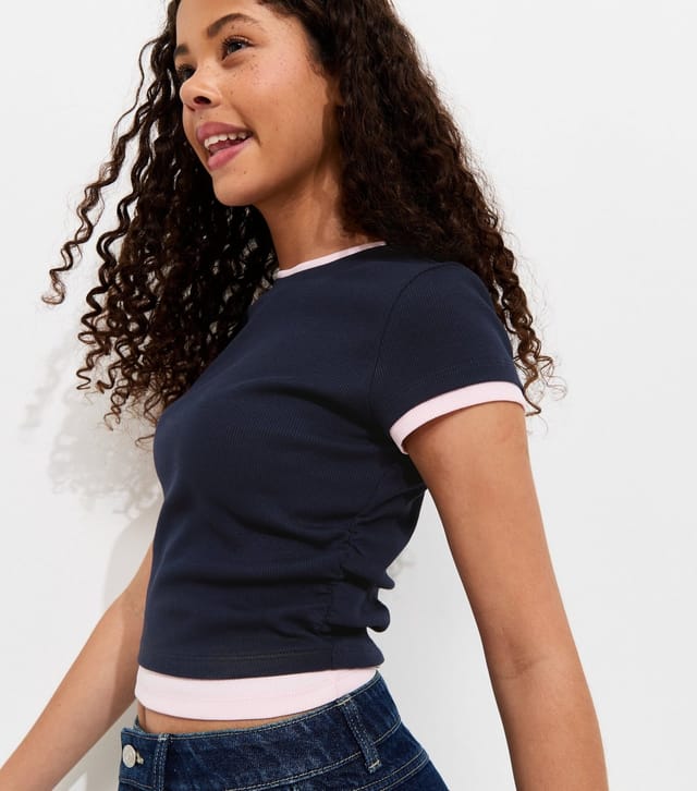 New Look Girls' Navy Cotton Rich 2 In 1 Ribbed Ruched Side T-Shirt New Look - 3