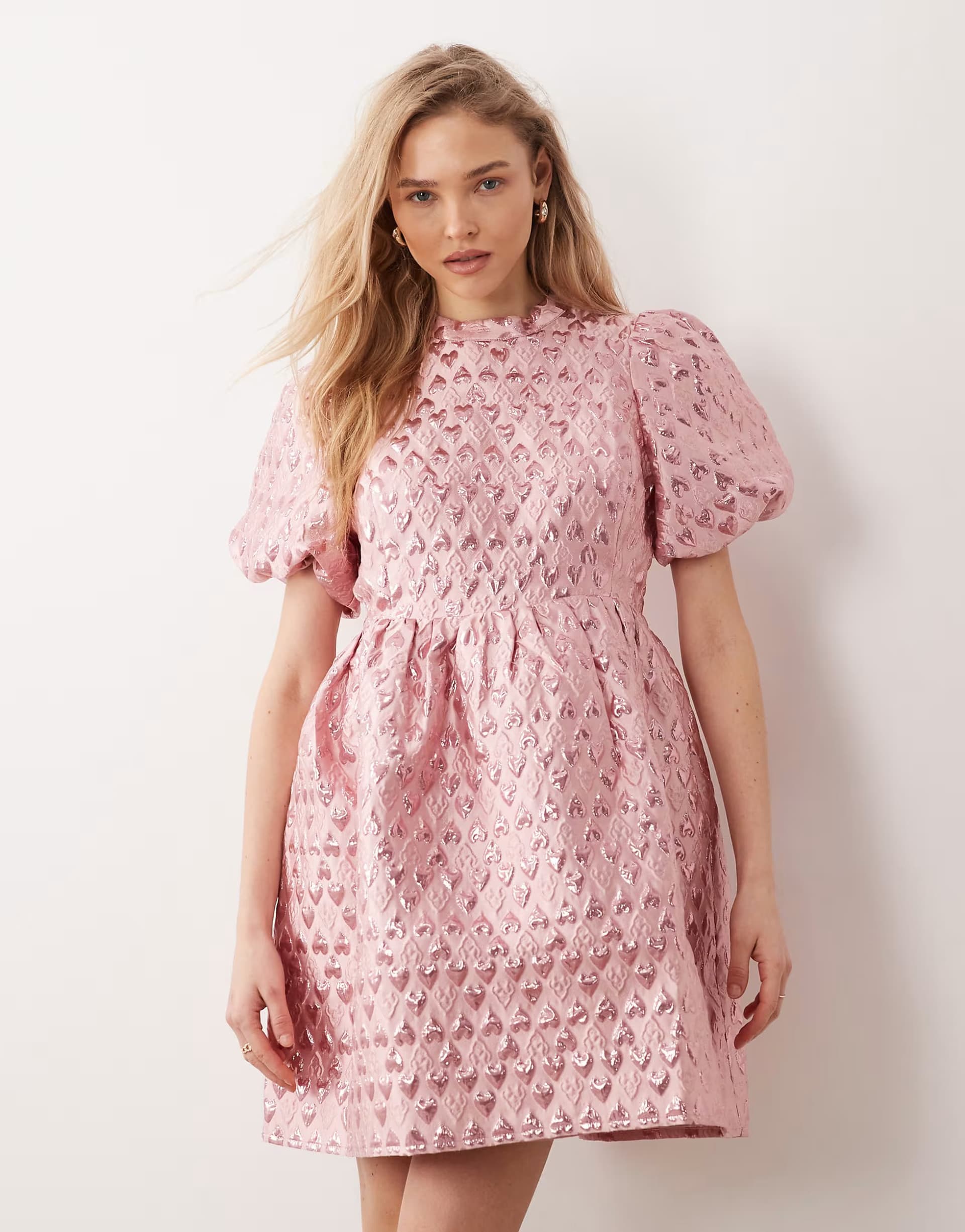 ASOS YAS puff sleeve heart jacquard mini dress in pink