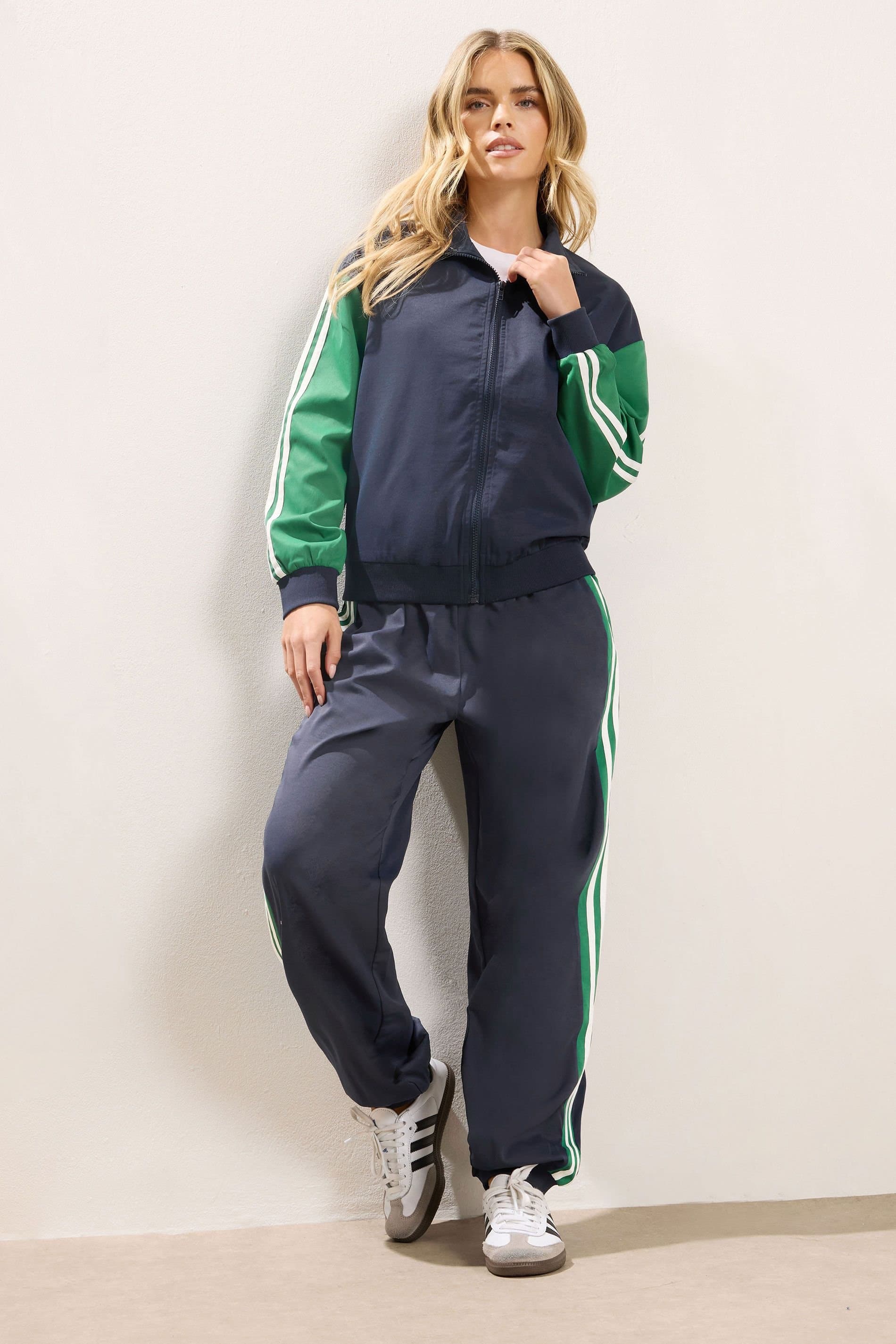 PixieGirl PixieGirl Women's Petite Striped Zip Jacket & Cuffed Trousers in Mid Navy
