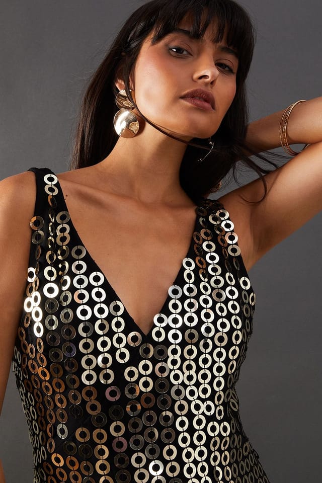 Warehouse Warehouse Women's Hand Embellished Disk Sequin High Apex Midi Dress in Black - 2