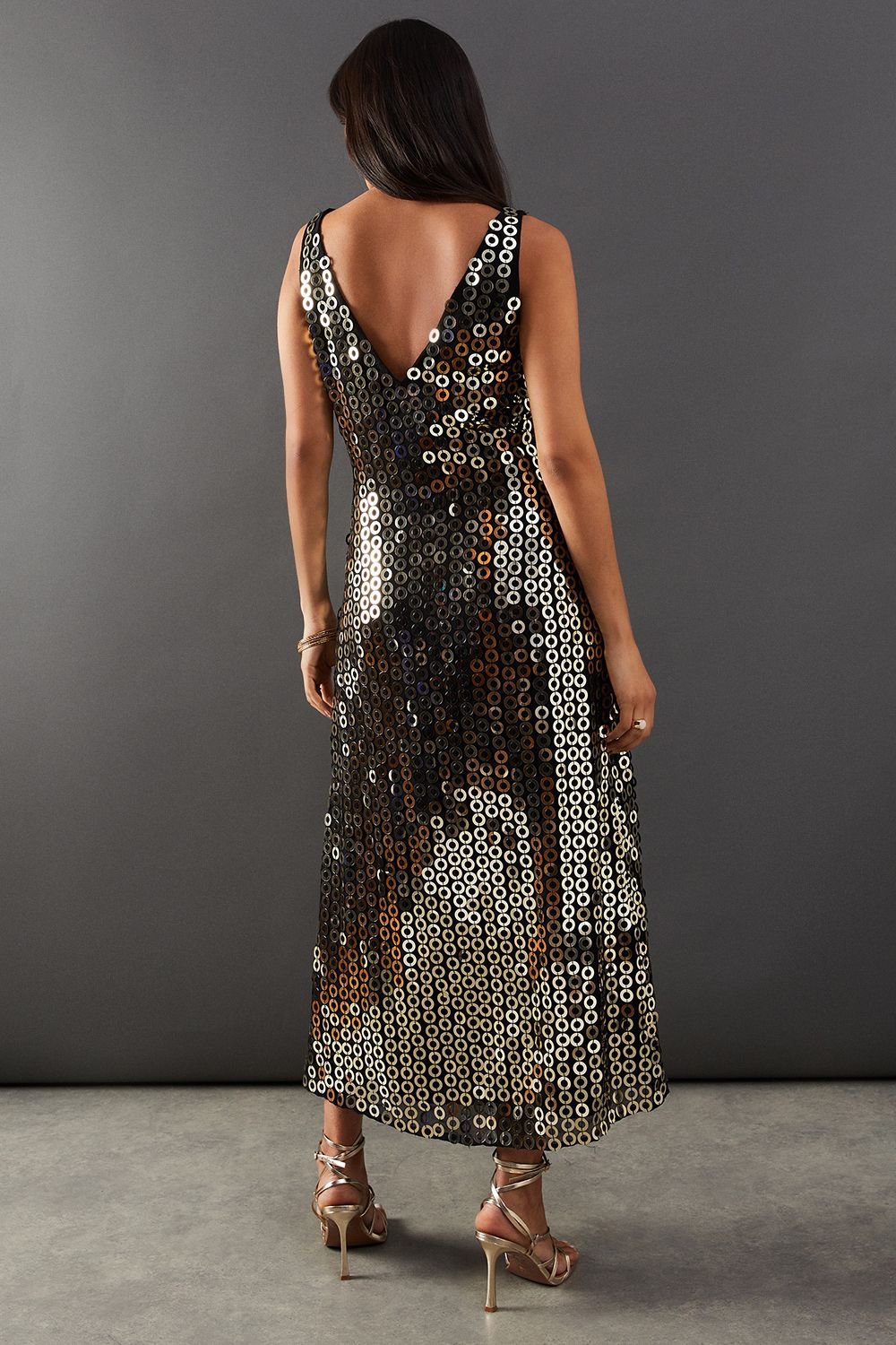 Warehouse Warehouse Women's Hand Embellished Disk Sequin High Apex Midi Dress in Black - 3