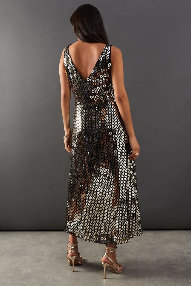 Warehouse Warehouse Women's Hand Embellished Disk Sequin High Apex Midi Dress in Black - 3