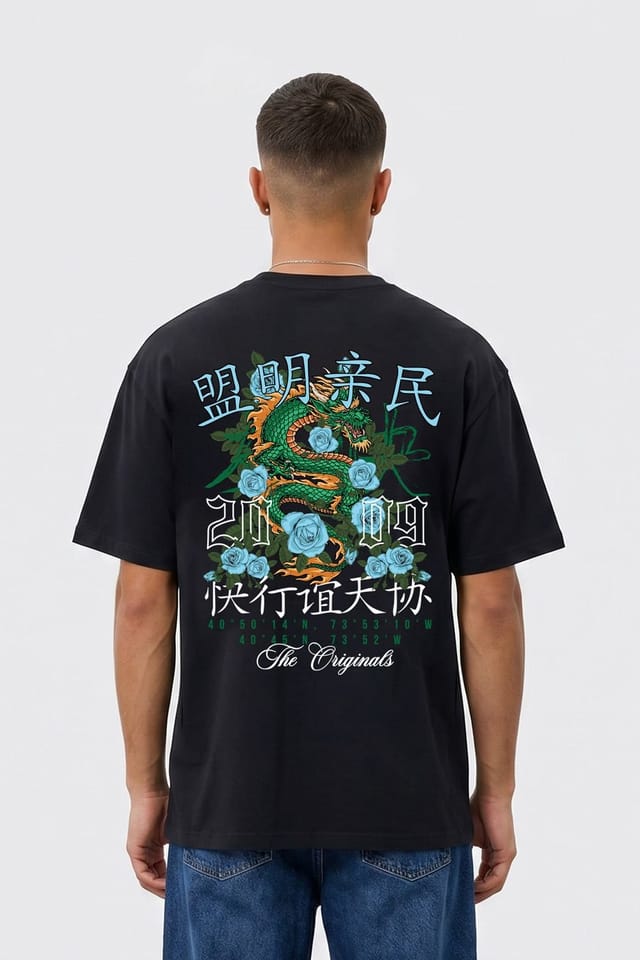 LONDON ATTITUDE LONDON ATTITUDE Men's Original Creators Dragon Graphic Heavyweight Oversized T-Shirt in Black - 2