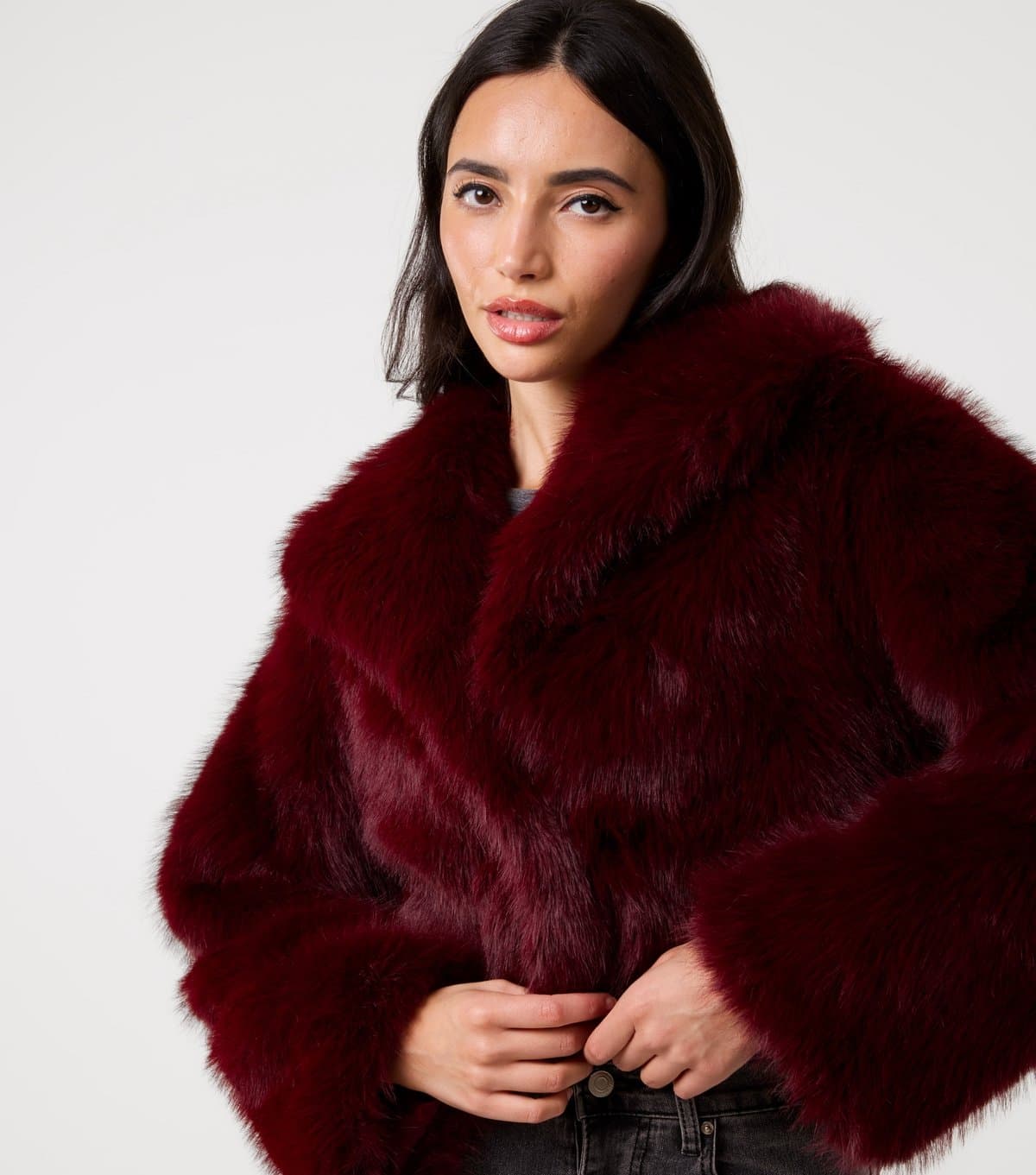 Pink Vanilla Women's Burgundy Faux Fur Cropped Fur Jacket Pink Vanilla New Look
