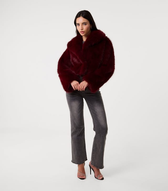 Pink Vanilla Women's Burgundy Faux Fur Cropped Fur Jacket Pink Vanilla New Look - 2