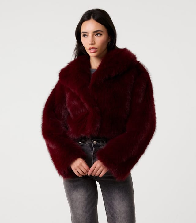 Pink Vanilla Women's Burgundy Faux Fur Cropped Fur Jacket Pink Vanilla New Look - 3