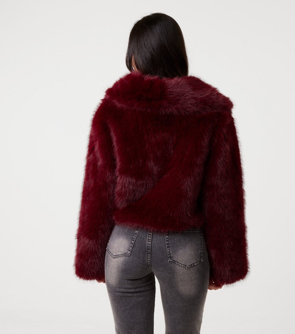 Pink Vanilla Women's Burgundy Faux Fur Cropped Fur Jacket Pink Vanilla New Look - 4