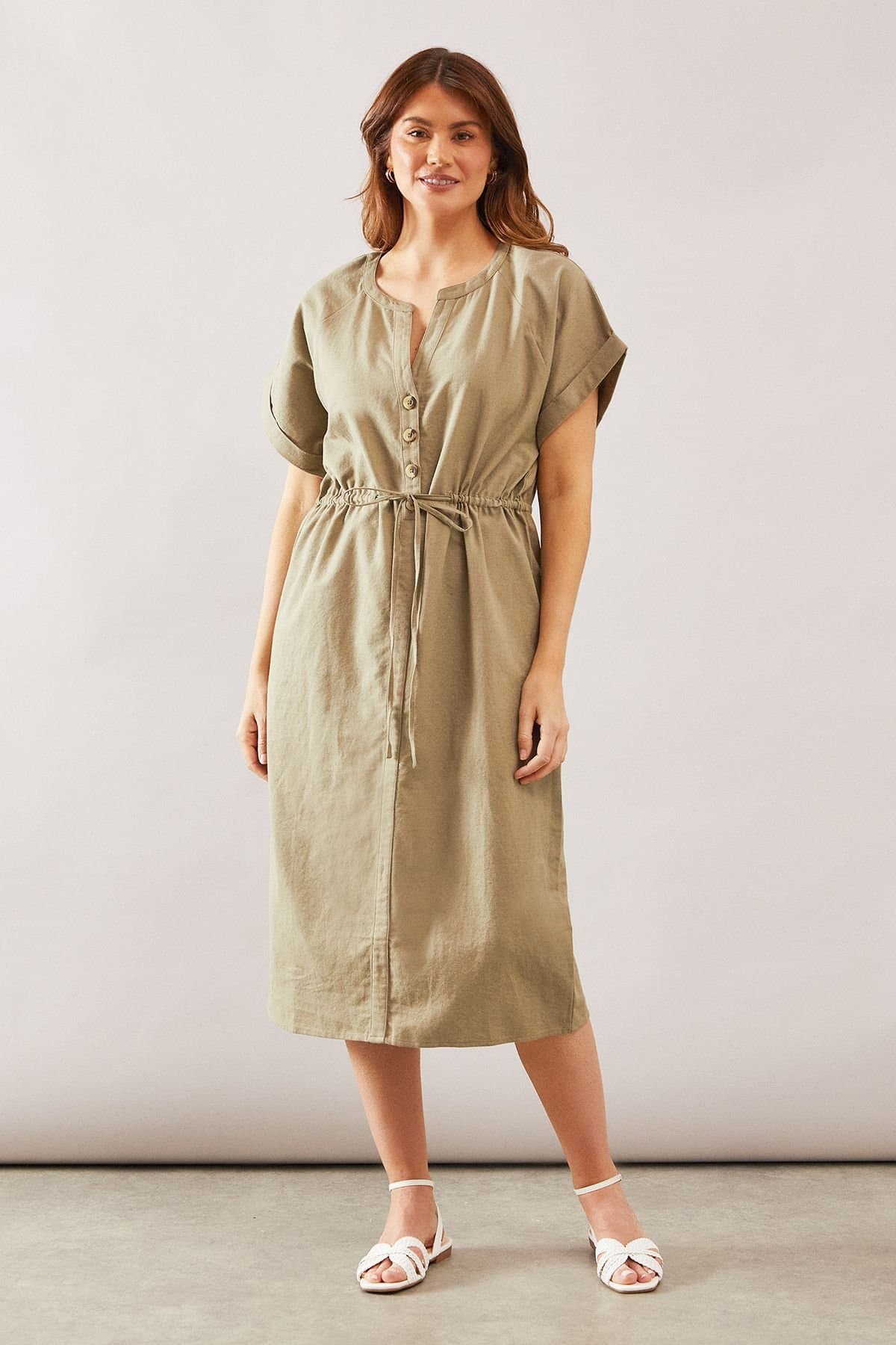 Wallis Wallis Women's Summer Linen Mix Drawstring Midi Dress in Khaki