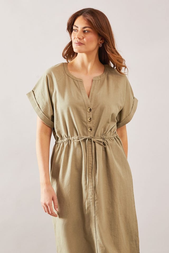 Wallis Wallis Women's Summer Linen Mix Drawstring Midi Dress in Khaki - 2