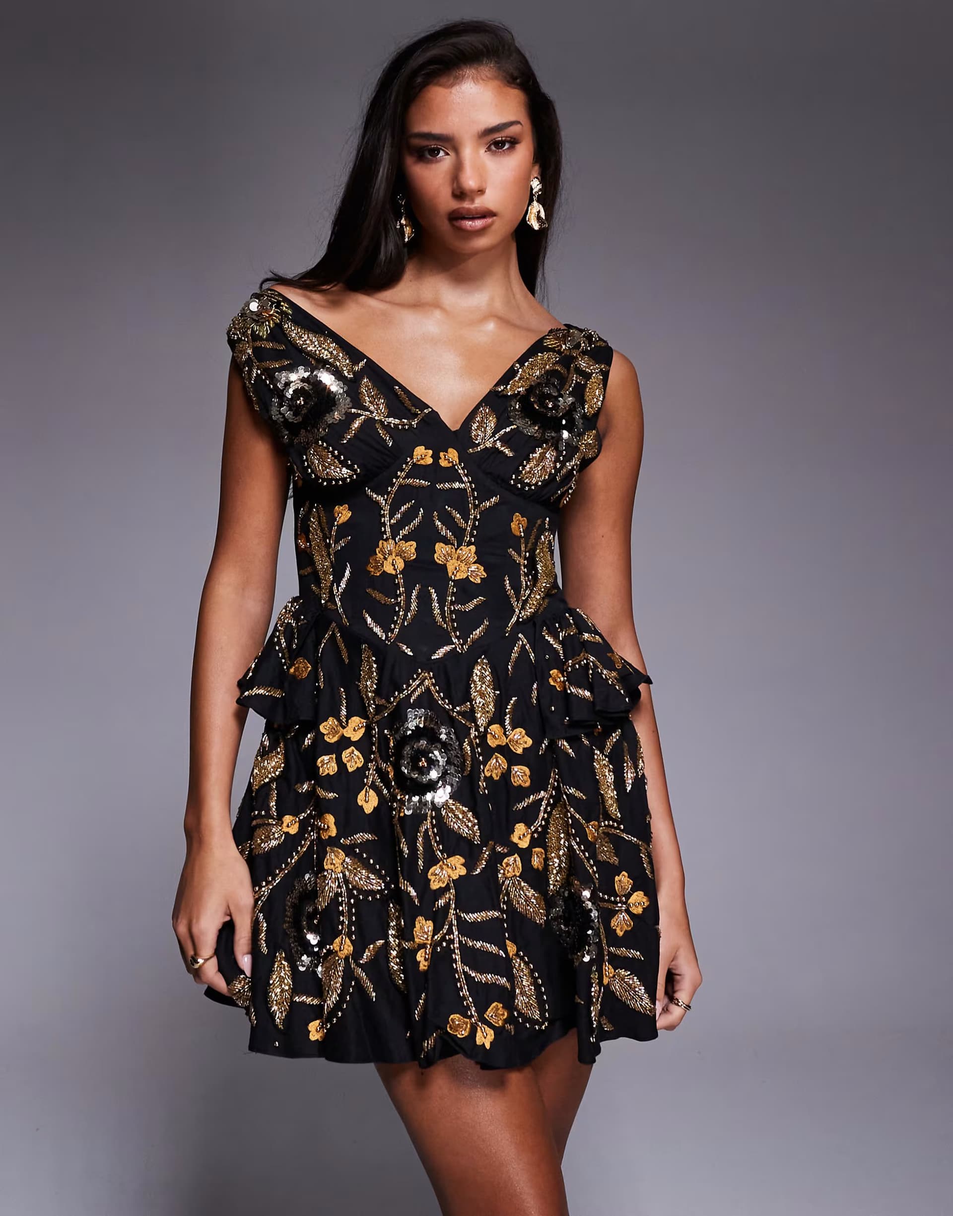ASOS ASOS LUXE floral embellished skater dress with corset detail in black