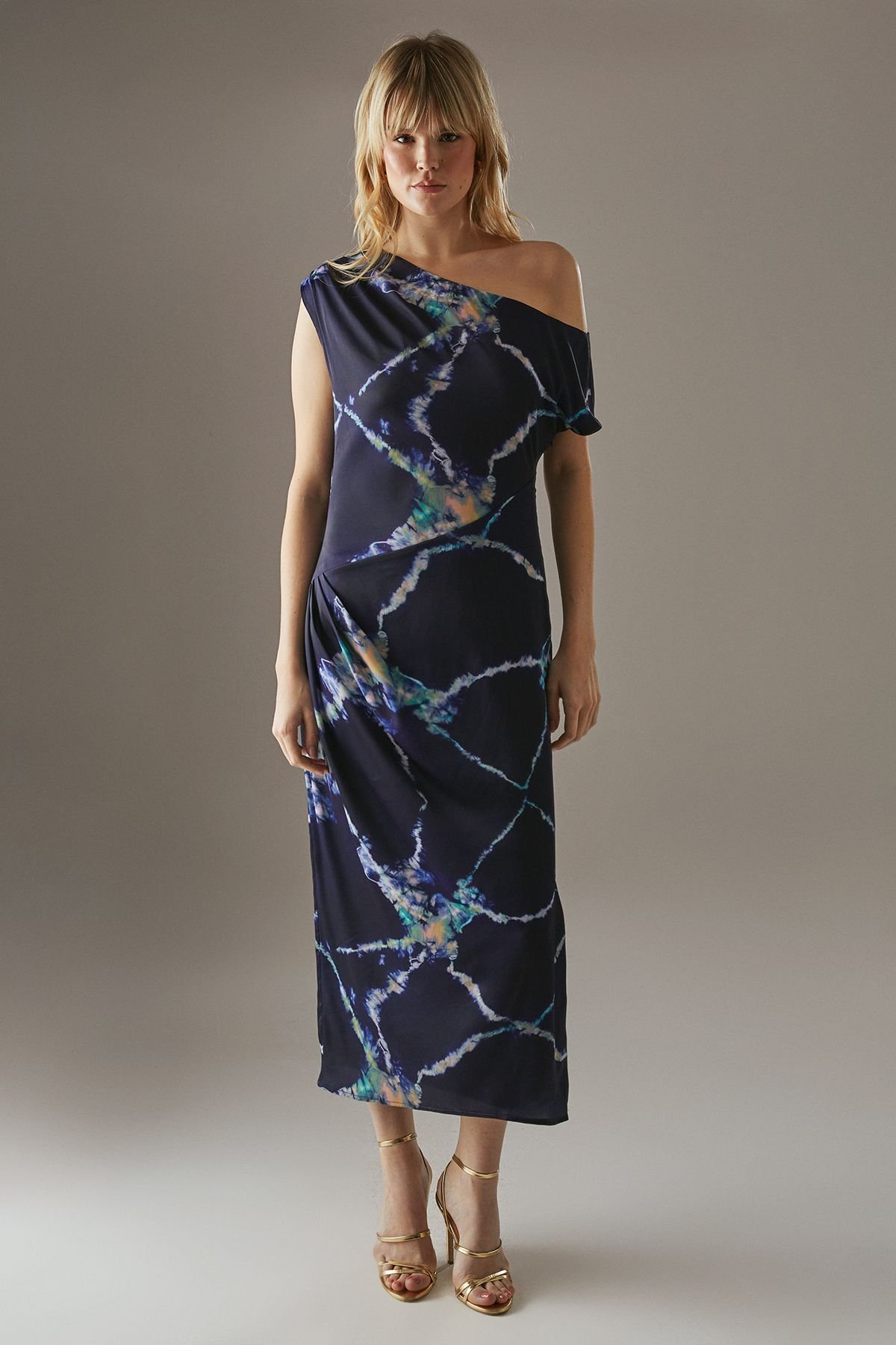 Warehouse Warehouse Women's Crinkle Satin Fallen Shoulder Knot Side Midi Dress in Navy - 2