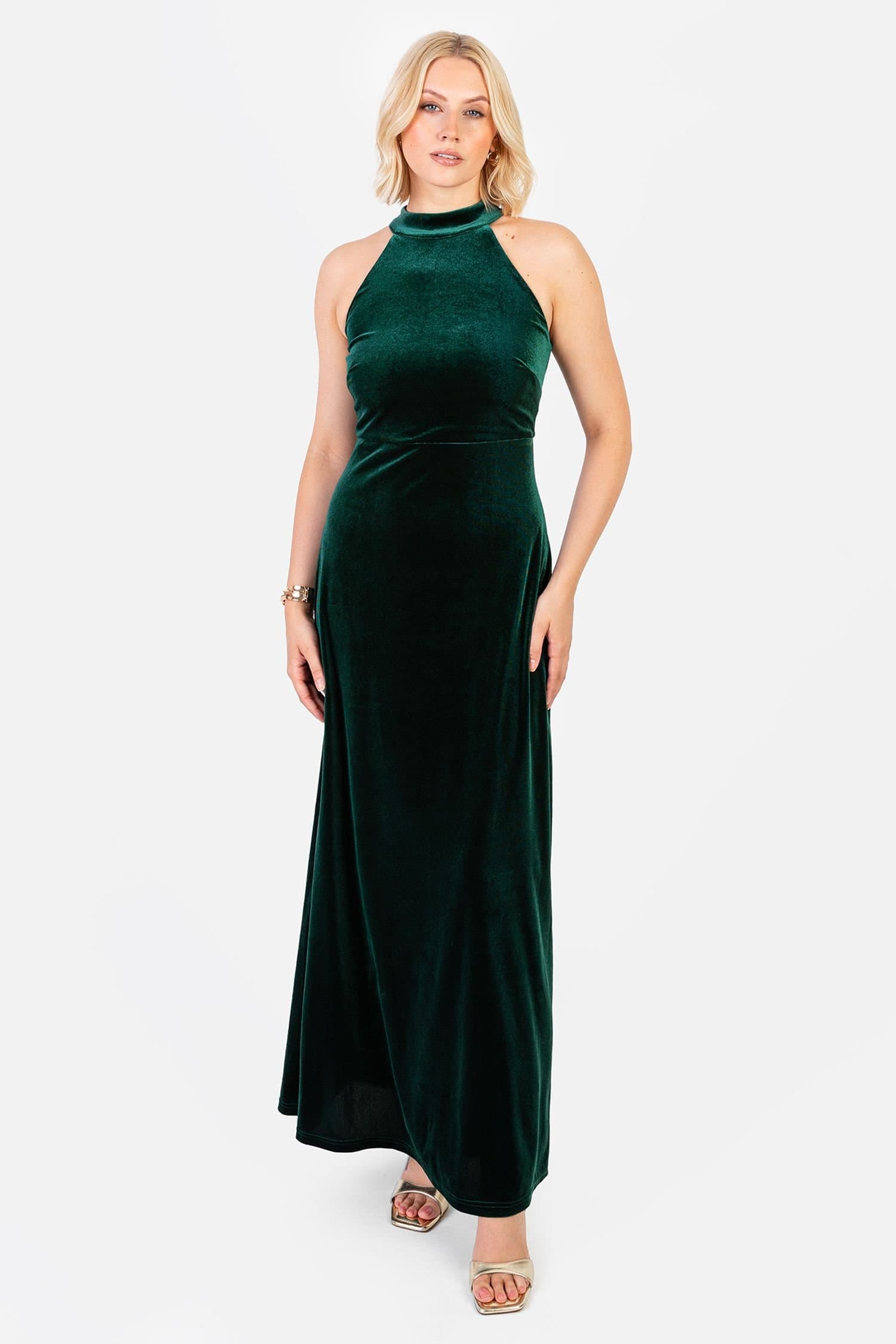 Maya Deluxe Maya Deluxe Women's Velvet Halter Neck Maxi Dress in Green