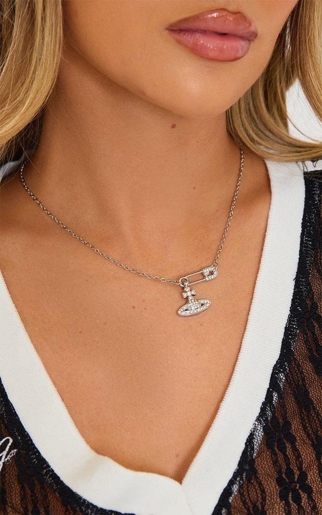EGO Logo Diamante Detail Delicate Chain Necklace In Silver, Women's Size UK 0 - 2