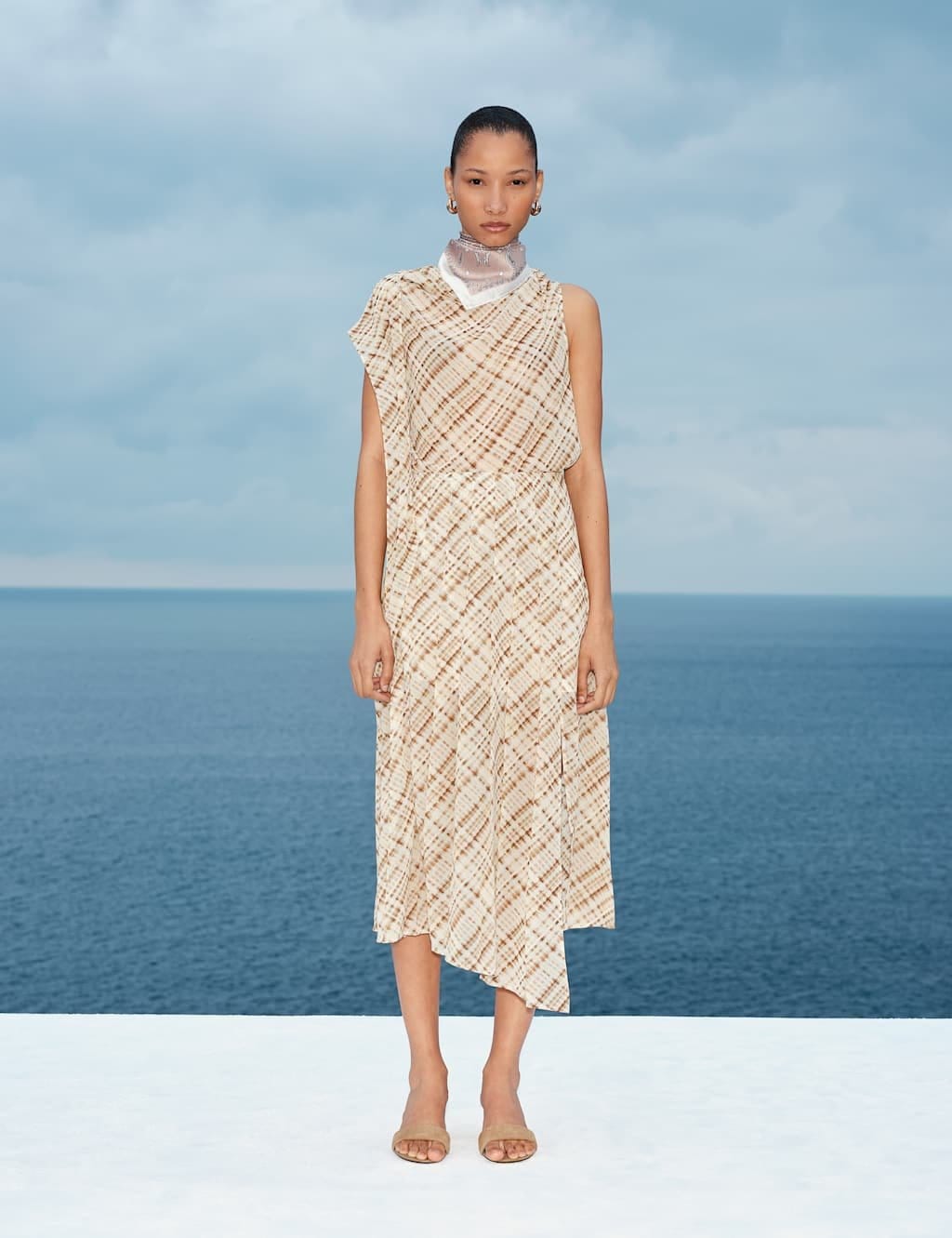 M&S Brown Checked Chiffon Midi A-Line Skirt