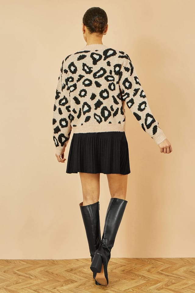 Yumi Yumi Women's Beige Animal Print Intarsia Tie Front Cardigan - 3