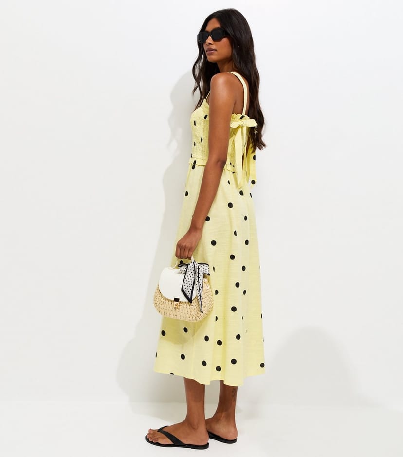 New Look Women's Yellow Spot Print Shirred Bow Back Strappy Midi Dress New Look - 1