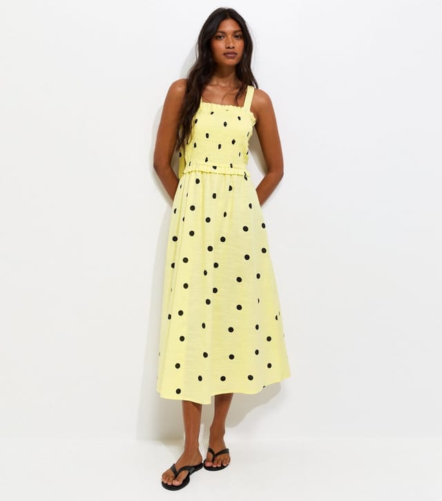 New Look Women's Yellow Spot Print Shirred Bow Back Strappy Midi Dress New Look - 2